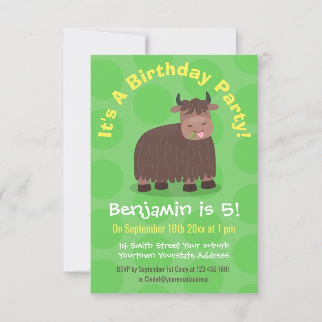 Funny happy yak eating grass cartoon illustration invitation (Front)