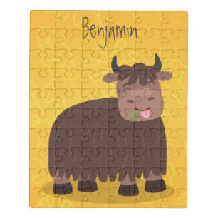 Funny happy yak eating grass cartoon illustration jigsaw puzzle