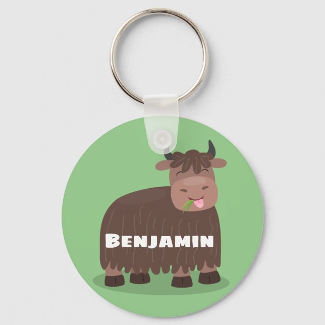 Funny happy yak eating grass cartoon illustration keychain (Front)