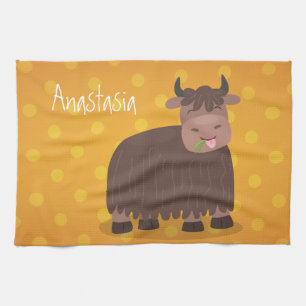 Funny happy yak eating grass cartoon illustration kitchen towel