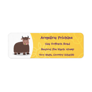 Funny happy yak eating grass cartoon illustration label