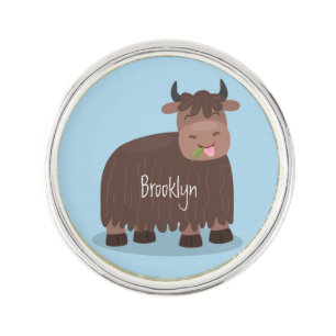 Funny happy yak eating grass cartoon illustration lapel pin