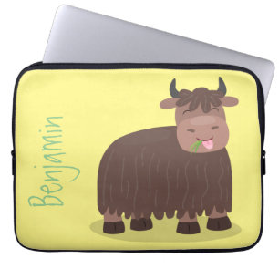 Funny happy yak eating grass cartoon illustration laptop sleeve
