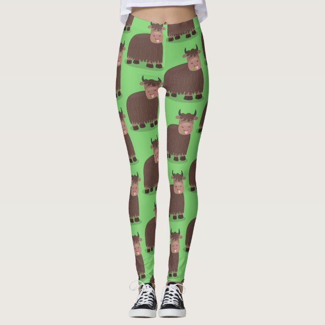 Funny happy yak eating grass cartoon illustration leggings (Front)