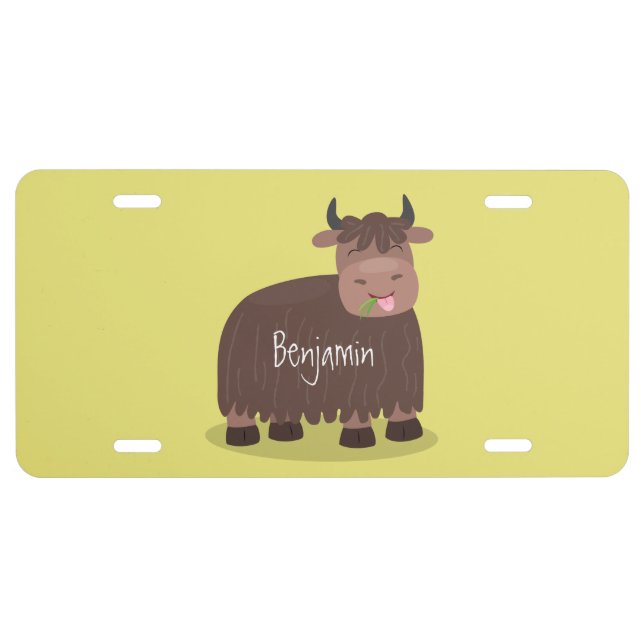 Funny happy yak eating grass cartoon illustration  license plate (Front)