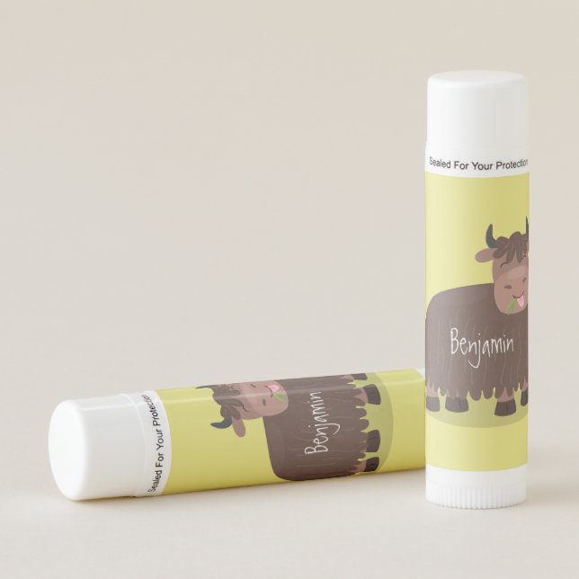 Funny happy yak eating grass cartoon illustration lip balm (Front)