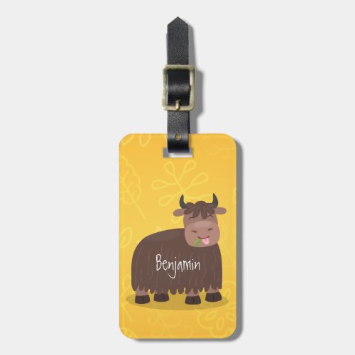 Funny happy yak eating grass cartoon illustration luggage tag