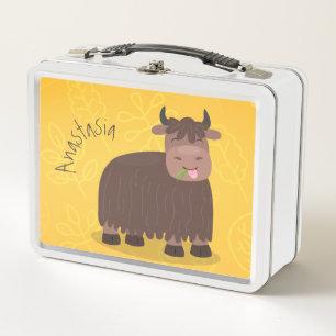 Funny happy yak eating grass cartoon illustration metal lunch box