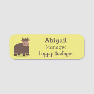 Funny happy yak eating grass cartoon illustration name tag