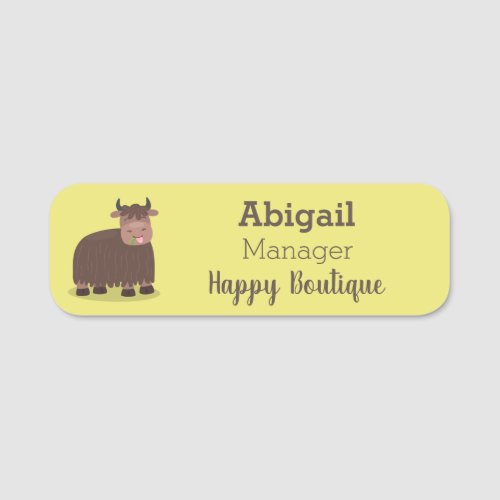 Funny happy yak eating grass cartoon illustration  name tag