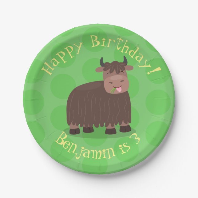 Funny happy yak eating grass cartoon illustration paper plates (Front)