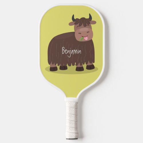 Funny happy yak eating grass cartoon illustration pickleball paddle