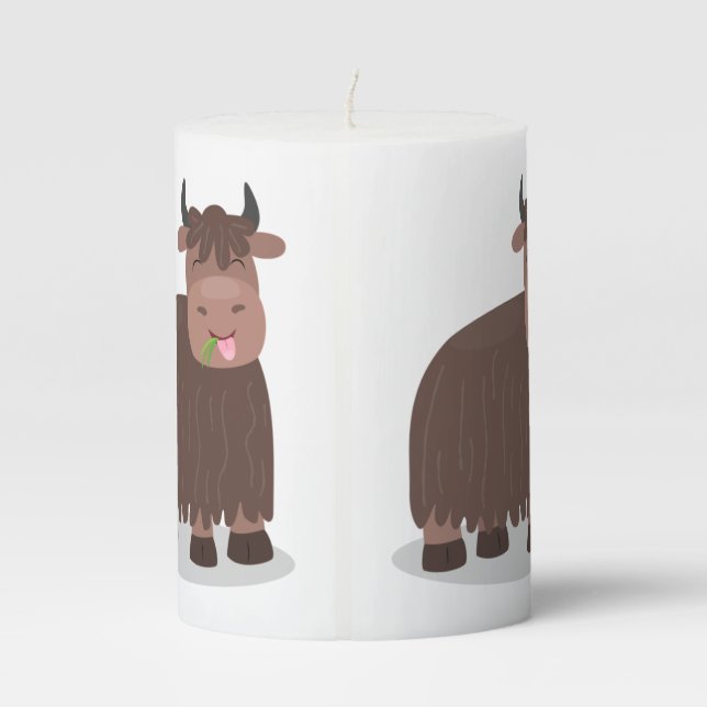 Funny happy yak eating grass cartoon illustration pillar candle (Back)