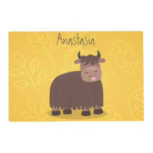 Funny happy yak eating grass cartoon illustration placemat