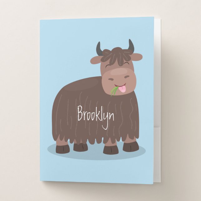 Funny happy yak eating grass cartoon illustration pocket folder (Front)