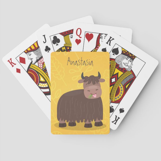 Funny happy yak eating grass cartoon illustration poker cards (Back)