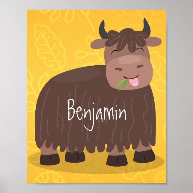 Funny happy yak eating grass cartoon illustration poster (Front)