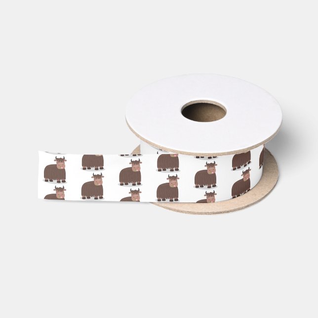 Funny happy yak eating grass cartoon illustration satin ribbon (Spool)