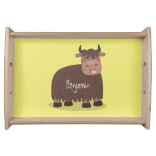 Funny happy yak eating grass cartoon illustration serving tray