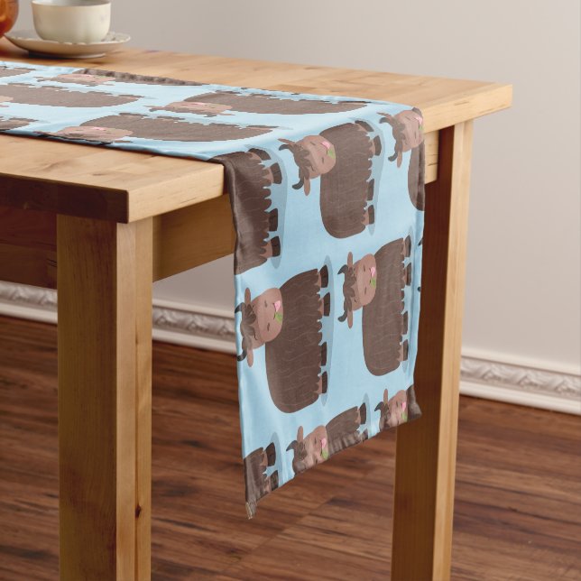 Funny happy yak eating grass cartoon illustration short table runner (In Situ)