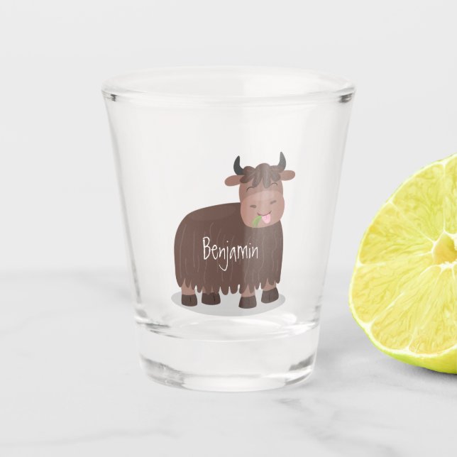 Funny happy yak eating grass cartoon illustration  shot glass (Front)