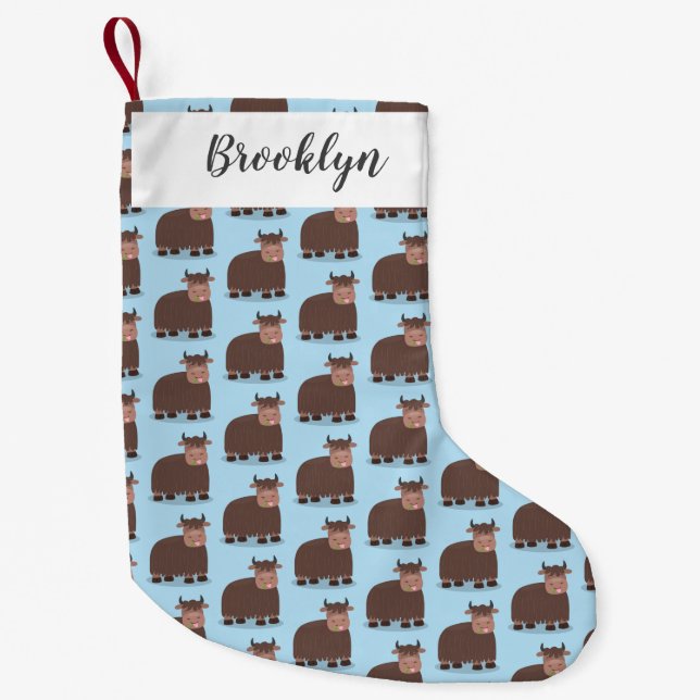 Funny happy yak eating grass cartoon illustration small christmas stocking (Front)