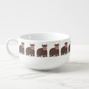 Funny happy yak eating grass cartoon illustration soup mug