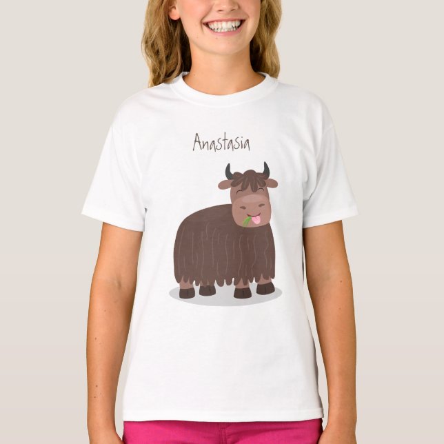 Funny happy yak eating grass cartoon illustration T-Shirt (Front)