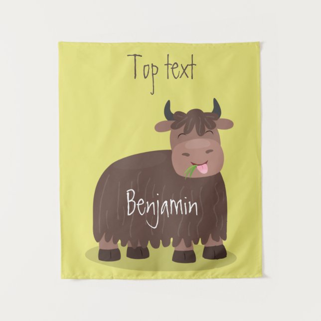 Funny happy yak eating grass cartoon illustration  tapestry (Front)