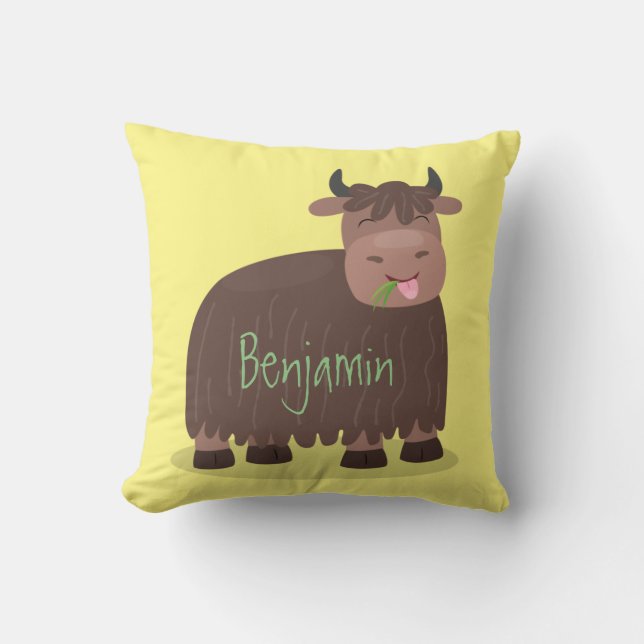 Funny happy yak eating grass cartoon illustration throw pillow (Front)