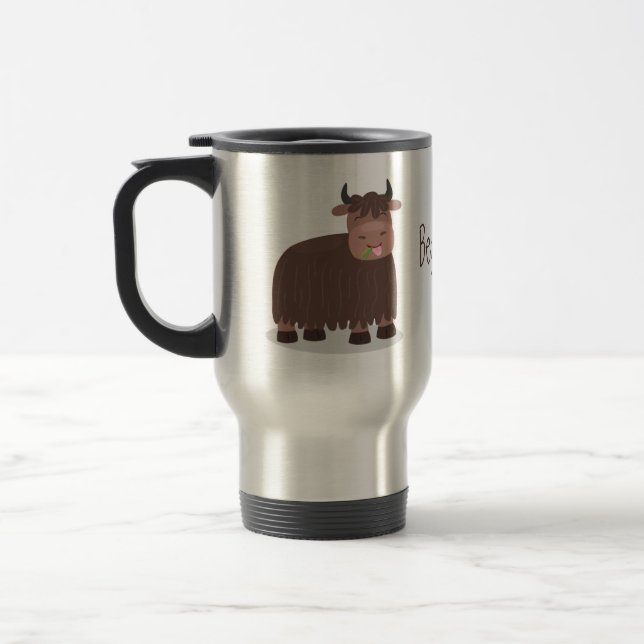 Funny happy yak eating grass cartoon illustration travel mug (Left)