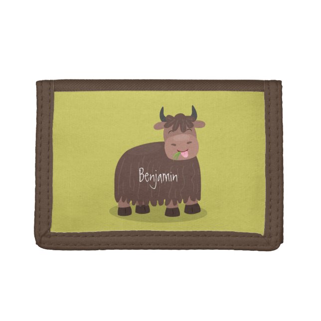 Funny happy yak eating grass cartoon illustration trifold wallet (Front)