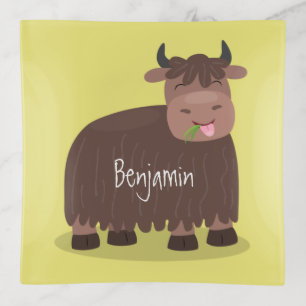 Funny happy yak eating grass cartoon illustration trinket tray