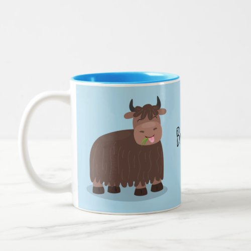 Funny happy yak eating grass cartoon illustration Two_Tone coffee mug