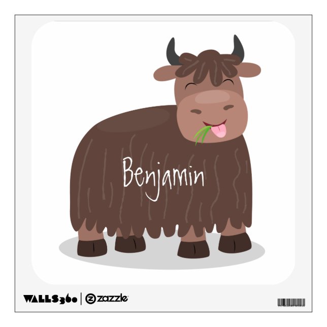 Funny happy yak eating grass cartoon illustration wall decal (Front)