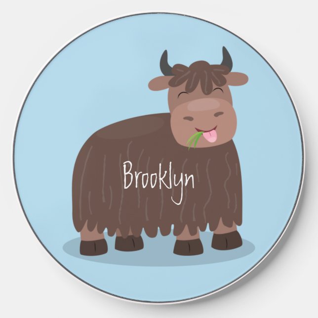 Funny happy yak eating grass cartoon illustration wireless charger  (Front)