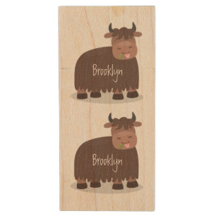 Funny happy yak eating grass cartoon illustration wood flash drive