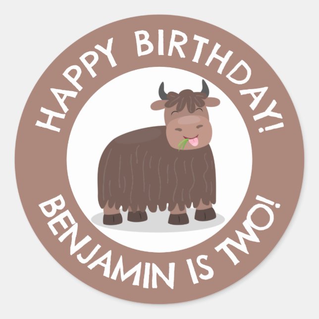 Funny happy yak personalized cartoon birthday classic round sticker (Front)