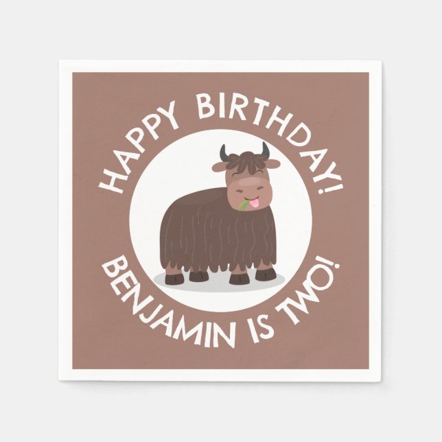 Funny happy yak personalized cartoon birthday napkins (Front)