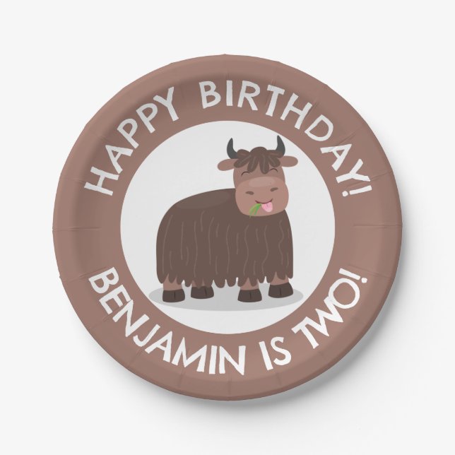 Funny happy yak personalized cartoon birthday paper plates (Front)