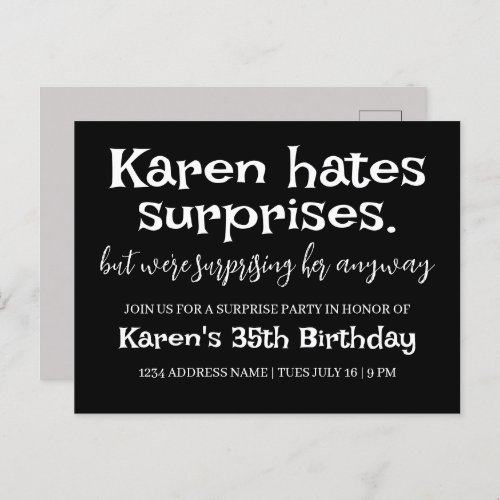 Funny Hates Surprises Party Modern Add Details Postcard