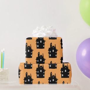 Funny Haunted House Black & Orange Kids Halloween Wrapping Paper