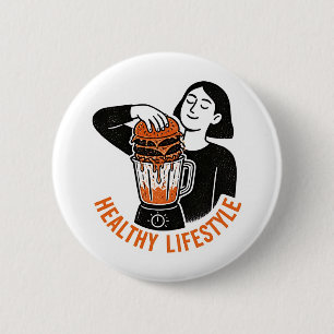Funny Healthy Lifestyle Burger Blender Linocut Button