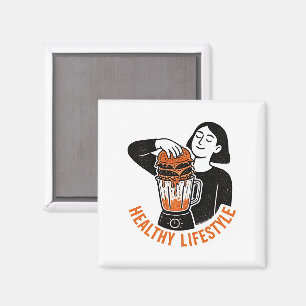 Funny Healthy Lifestyle Burger Blender Linocut  Magnet