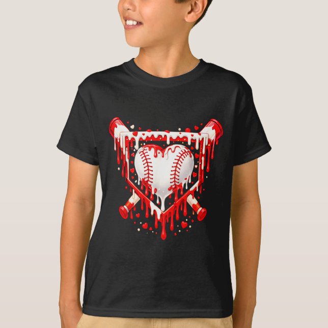 Funny Heart Baseball Drip Ice Cream Valentines Day T-Shirt (Front)