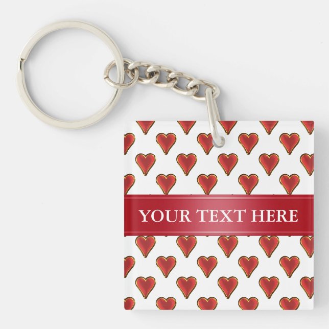 Funny Heart Pattern gold red + your backgr. & text Keychain (Front)