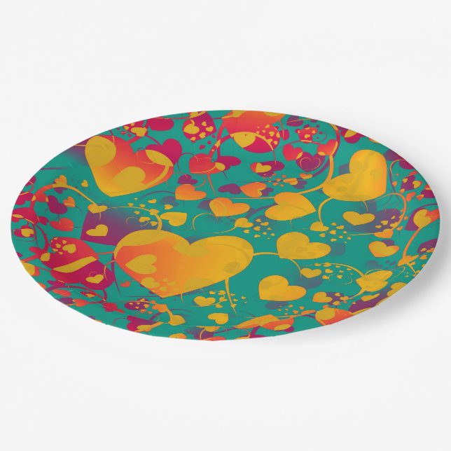 Funny Heart Pattern IX - green red yellow Paper Plates (Angled)