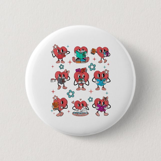 Funny Heart Reading Books Bookworm Valentines Day  Button (Front)