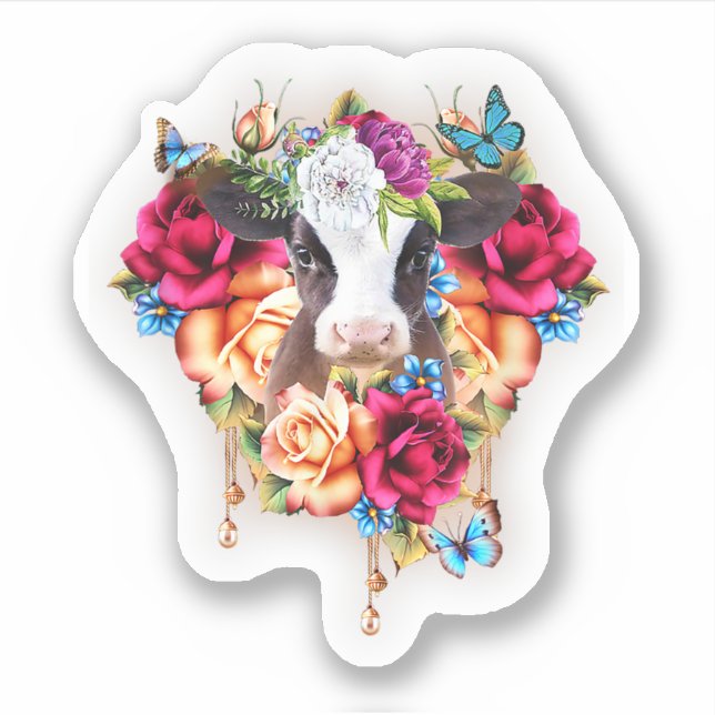 Funny Hearts Dairy Cow Flower Cute Animals. Perfec Sticker (Front)