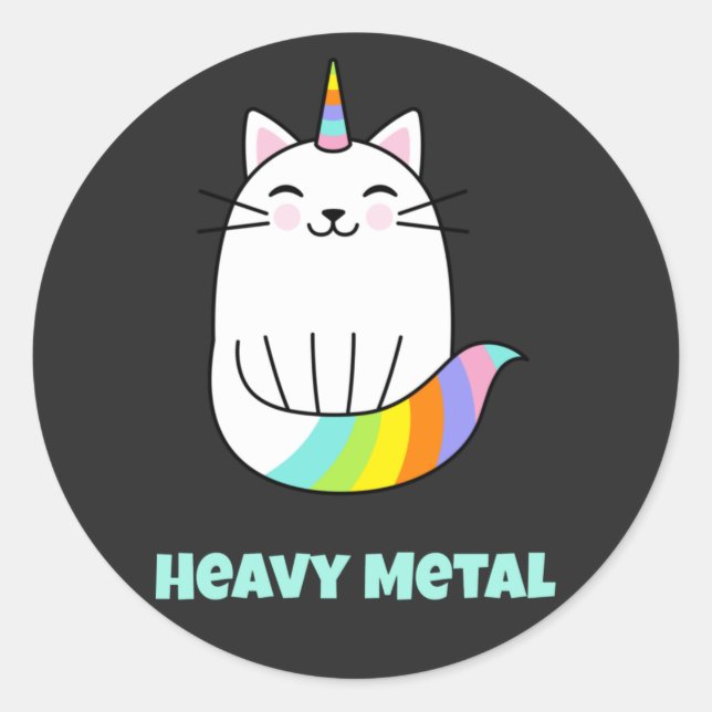 Funny heavy metal unicorn rainbow cat classic round sticker (Front)